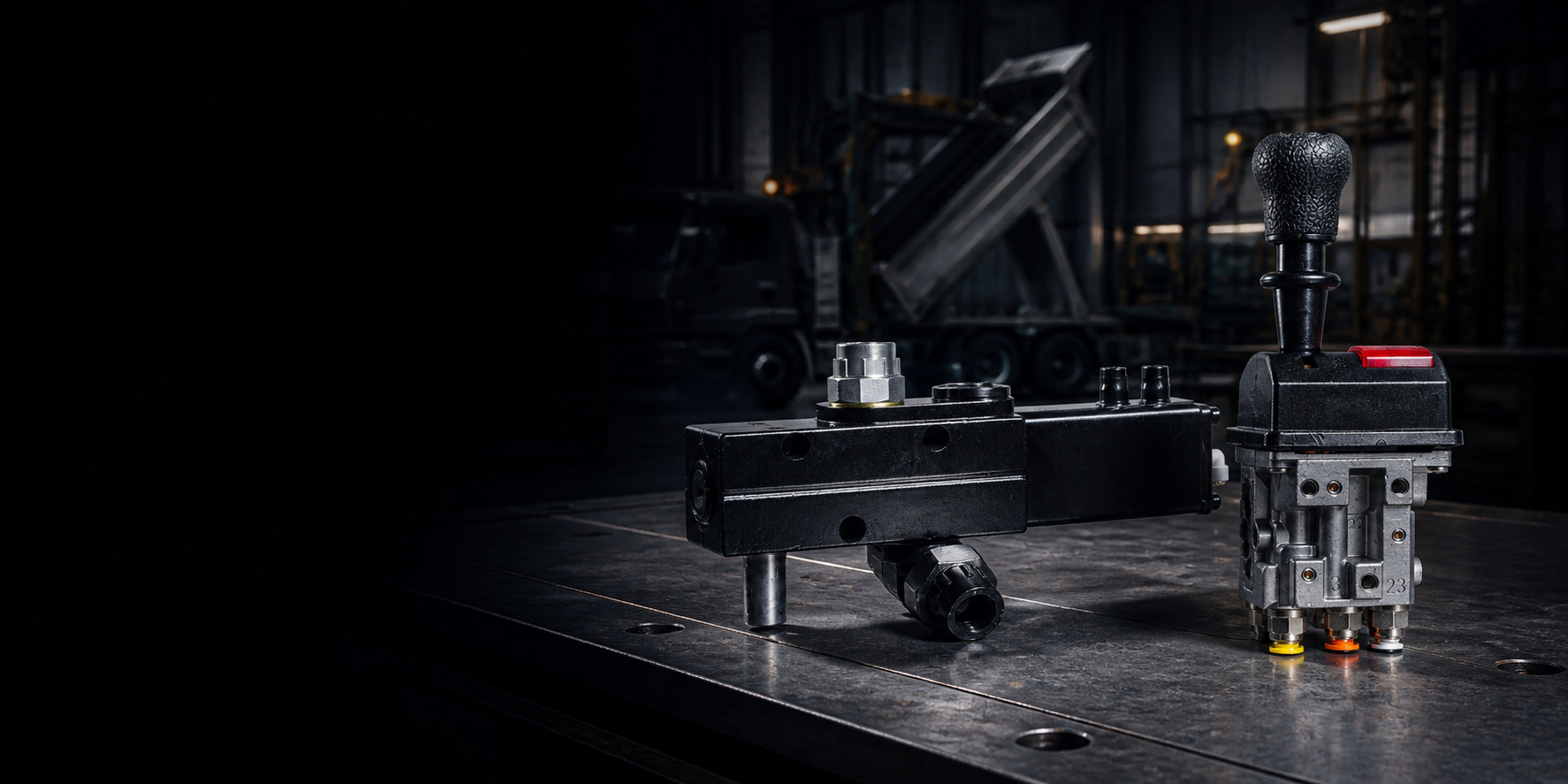 Tipping valve and air control valve in a hydraulic manufacturing workshop