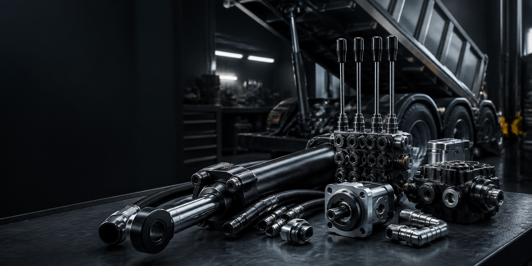 Commercial vehicle hydraulic tipping system parts in a dark industrial workshop
