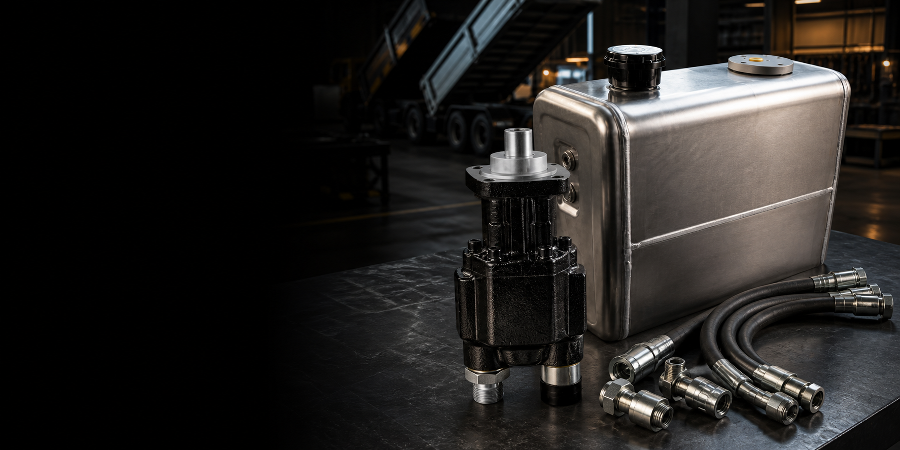 Gear pump, hydraulic oil tank and hoses in an industrial workshop