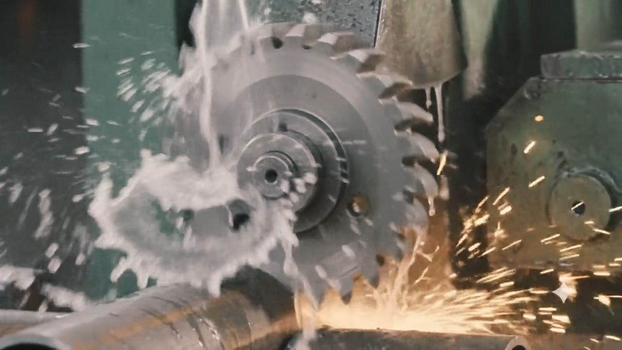 Grinding wheel machining a metal gear with bright sparks
